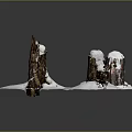 Three Natural Tree Stumps Covered With White Snow On Black Background