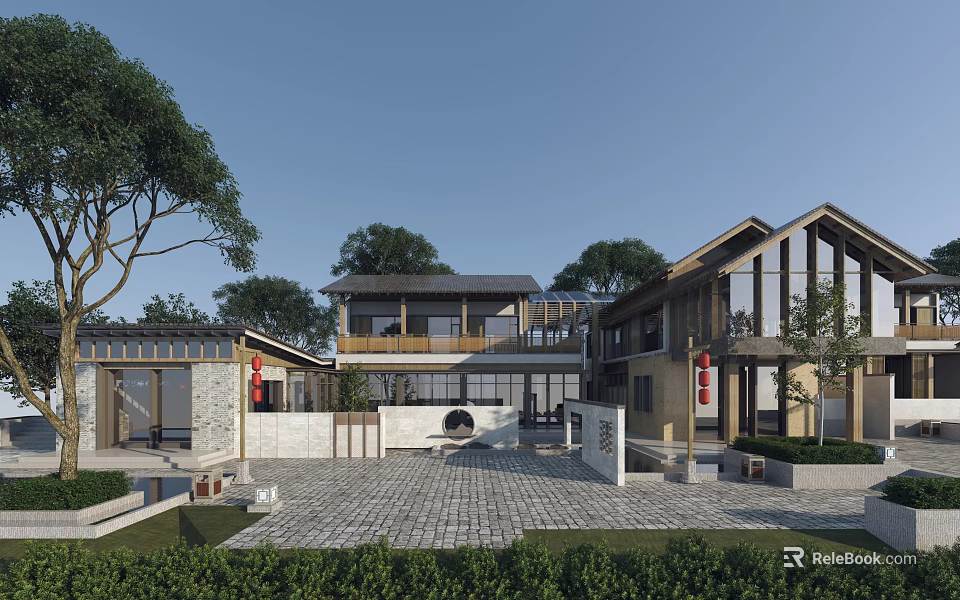 Chinese Style Detached Villa With Traditional Roof Courtyard Greenery And Stone Pathway Design 3d model 