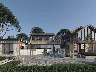 Chinese Style Detached Villa With Traditional Roof Courtyard Greenery And Stone Pathway Design 3d model
