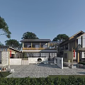 Chinese Style Detached Villa With Traditional Roof Courtyard Greenery And Stone Pathway Design