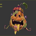 Pumpkin Themed Game Character With Green Leaves Red Orange Body Yellow Fangs Metal Parts And Vines
