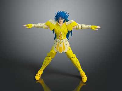 Blue Haired Anime Game Character In Yellow Armor Posing On Dark Reflective Surface 3d model