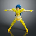 Blue Haired Anime Game Character In Yellow Armor Posing On Dark Reflective Surface