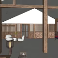 Hotel Lobby Interior With Wooden Beams Skylights Central Fire Pit And Lanterns