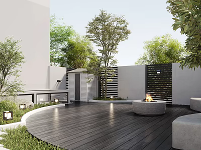 Courtyard Garden Featuring Circular Wooden Deck Fire Pit Green Trees White Walls And Lighting 3d model