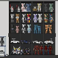 Display Cabinet with Stuffed Bears Car Models Robot Figures and LED Lighting