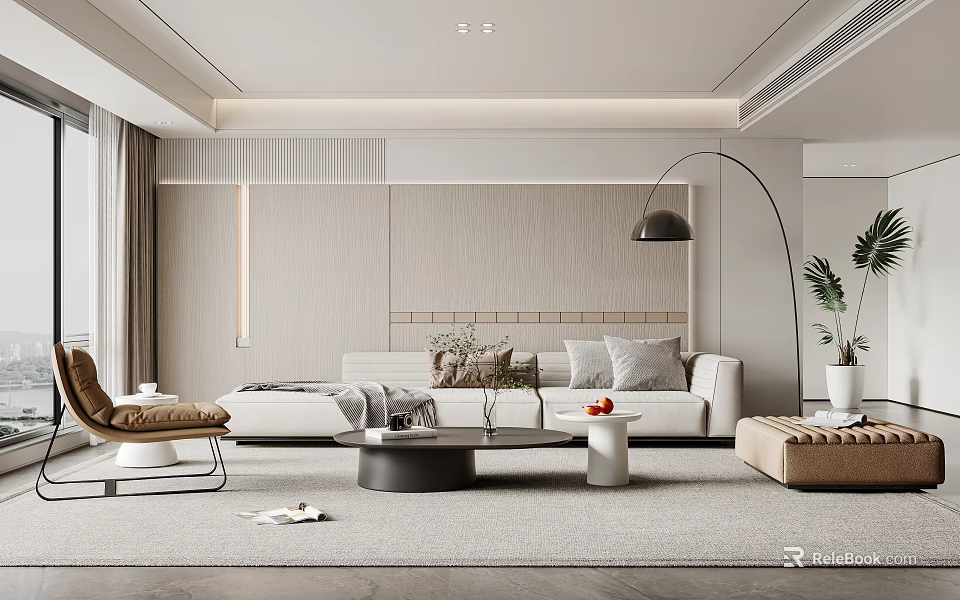 Modern Living Room With White Sofa Gray Rug Accent Chair Floor Lamp And Green Plant 3d model 