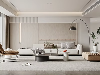 Modern Living Room With White Sofa Gray Rug Accent Chair Floor Lamp And Green Plant 3d model
