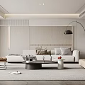 Modern Living Room With White Sofa Gray Rug Accent Chair Floor Lamp And Green Plant