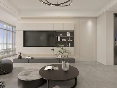 Bright Modern Living And Dining Room Interior With Full TV Wall And Round Coffee Tables 3d model
