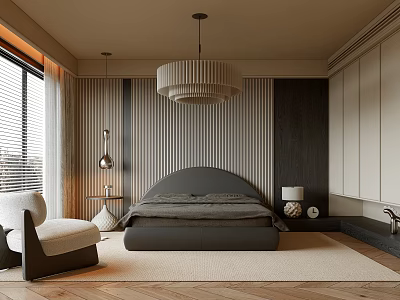 Modern Bedroom Interior With Gray Bed Striped Accent Wall And Herringbone Floor 3d model
