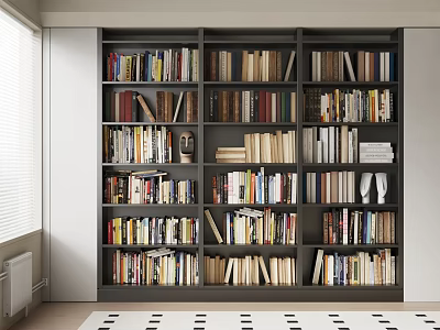 Large Modern Dark Wood Bookcase With Multiple Shelves Filled With Organized Books 3d model