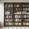 Large Modern Dark Wood Bookcase With Multiple Shelves Filled With Organized Books