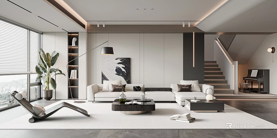 Modern Living Room Interior With White Sofa Black Coffee Table Floor Lamp And Decorative Artwork 3d model 