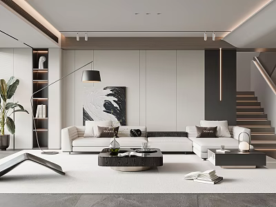Modern Living Room Interior With White Sofa Black Coffee Table Floor Lamp And Decorative Artwork 3d model