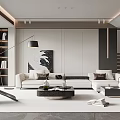 Modern Living Room Interior With White Sofa Black Coffee Table Floor Lamp And Decorative Artwork