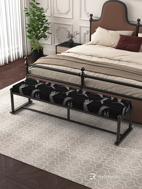 Cozy Bedroom Interior With Bed Linen Bedding Black Metal Bench Patterned Cushion And Geometric Rug 3d model 