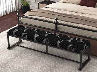 Cozy Bedroom Interior With Bed Linen Bedding Black Metal Bench Patterned Cushion And Geometric Rug 3d model
