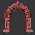Ancient Stone Archway With Burning Torches Spikes And Carved Pillars