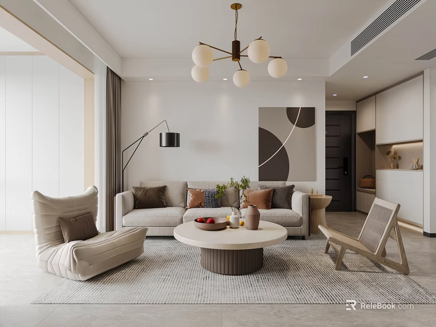 Modern Living Dining Room Interior With Sofa Coffee Table Chandelier And Area Rug 3d model 
