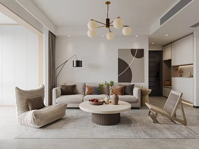 Modern Living Dining Room Interior With Sofa Coffee Table Chandelier And Area Rug 3d model