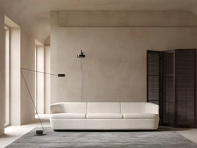 Modern Three Seater Sofa In Minimalist Living Room With Floor Lamp Slatted Doors And Rug 3d model