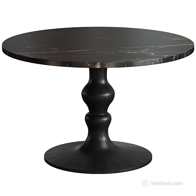Stylish Round Black Marble Dining Table With Veined Surface And Elegant Pedestal Base 3d model 