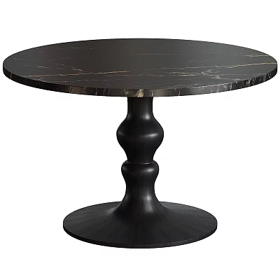 Stylish Round Black Marble Dining Table With Veined Surface And Elegant Pedestal Base 3d model