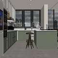 Modern Green Kitchen With White Refrigerator Island Stools Large Windows And Blinds