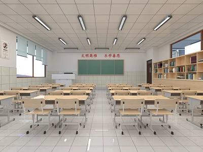 Bright School Classroom Interior With Desks Chairs Blackboard Bookshelves And Windows 3d model