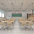Bright School Classroom Interior With Desks Chairs Blackboard Bookshelves And Windows