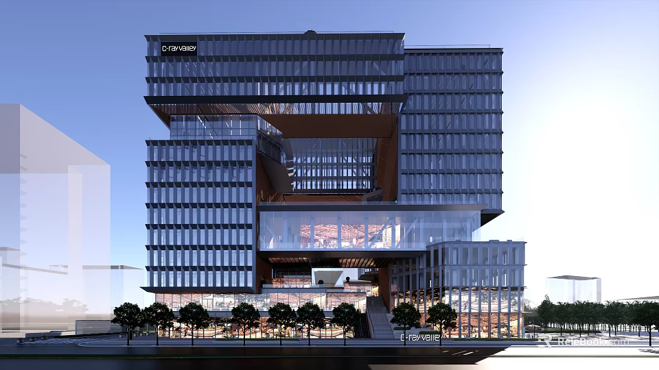 Modern Commercial Complex With Glass Facade Multi Level Structure And Open Atrium 3d model