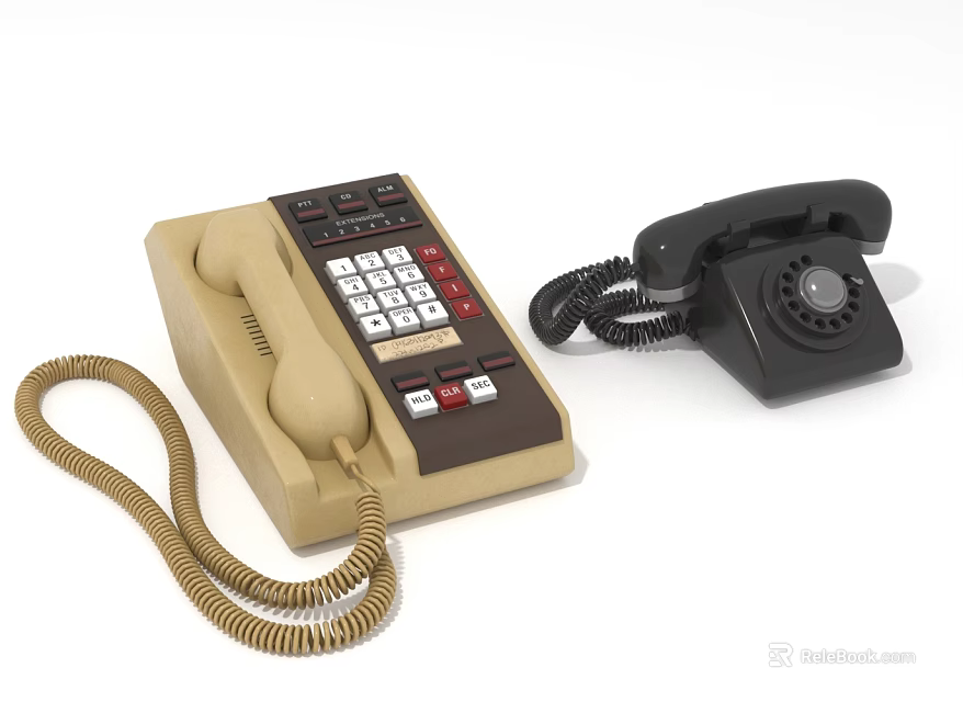 Vintage Telephones Display Beige Push Button And Black Rotary Dial Classic Models 3d model 