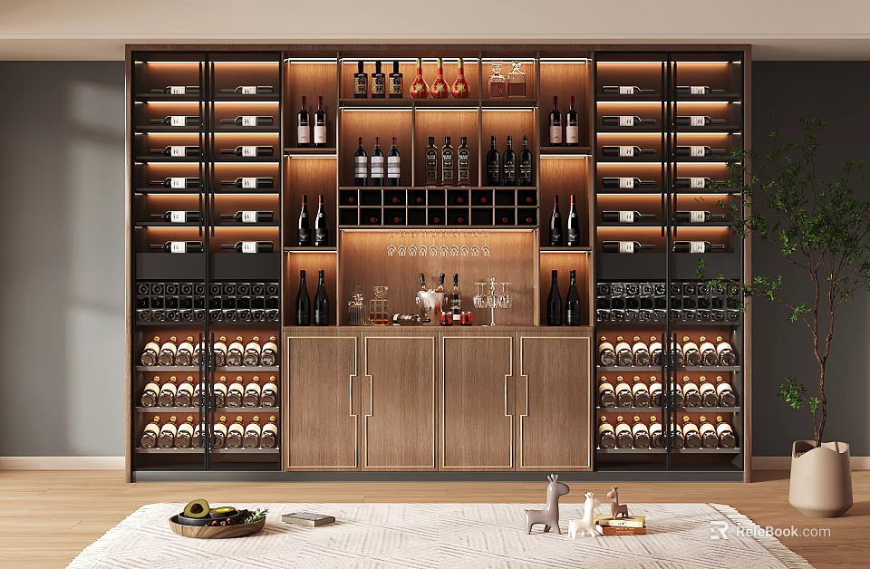 Modern Wine Cabinet Interior Design With Multiple Bottle Racks And Glass Shelves 3d model 