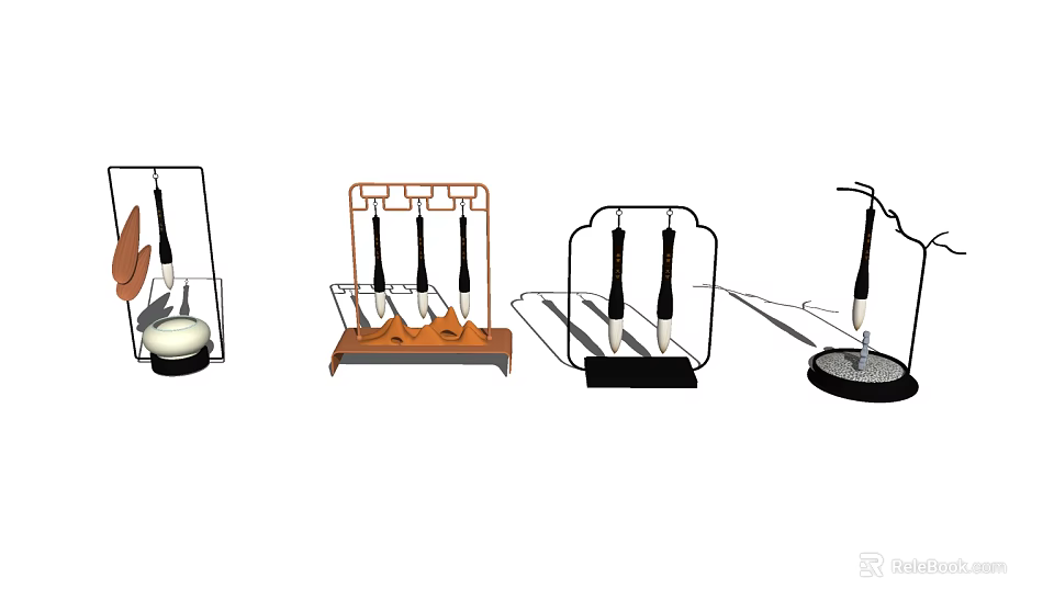 Decorative Ornament Set with Metal Stands Wooden Black Round Bases and Slender Decorative Parts 3d model 