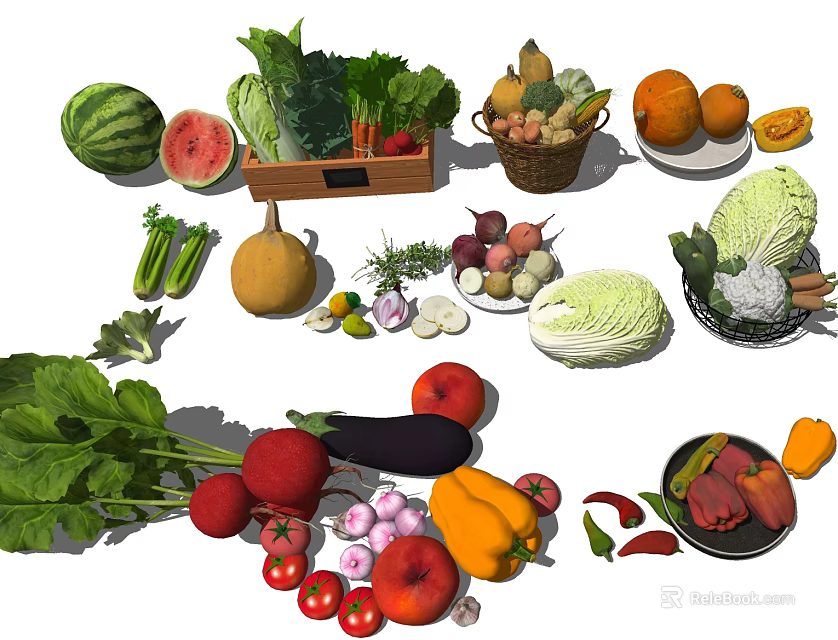Fresh Organic Vegetables And Fruits Display With Basket Crate And Assorted Produce 3d model 