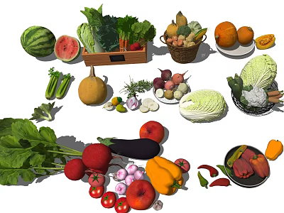 Fresh Organic Vegetables And Fruits Display With Basket Crate And Assorted Produce 3d model