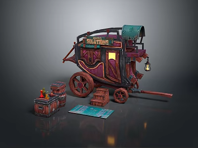 Vintage Decorative Food Cart With Wooden Wheels Lantern Signboard Small Crates And Blue Mat 3d model