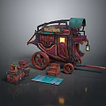 Vintage Decorative Food Cart With Wooden Wheels Lantern Signboard Small Crates And Blue Mat