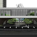 Modern Garden Landscape with Glass Curtain Wall Curved Wooden Structure White Sculpture Trees Lounge Chairs