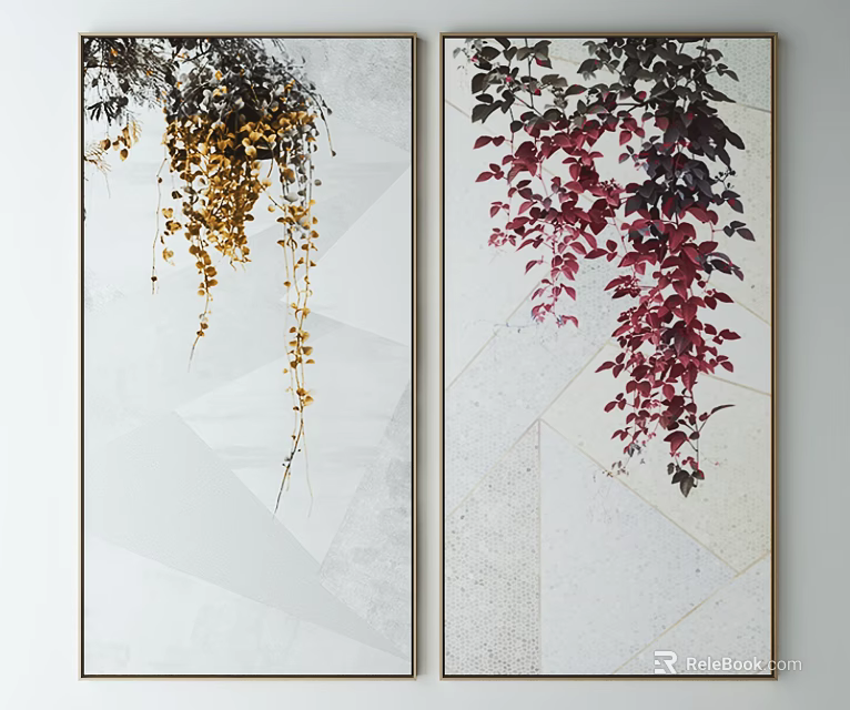 Hanging Plant Decorative Paintings With Yellow Red Vines And Geometric White Background 3d model 
