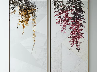 Hanging Plant Decorative Paintings With Yellow Red Vines And Geometric White Background 3d model