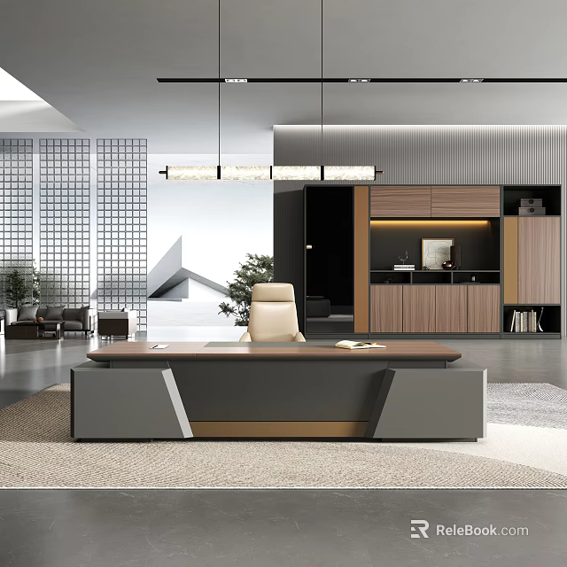 Modern Office Interior Design With Large Wooden Desk Ergonomic Chair And Hanging Lights 3d model 