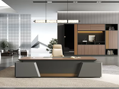 Modern Office Interior Design With Large Wooden Desk Ergonomic Chair And Hanging Lights 3d model