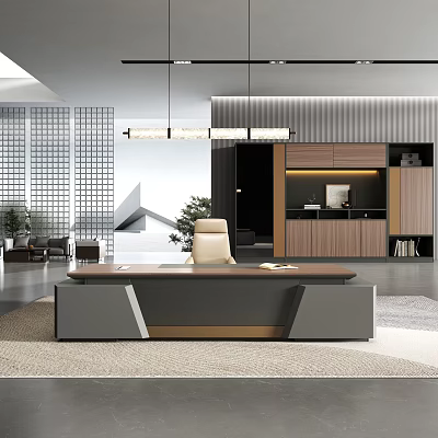 Modern Office Interior Design With Large Wooden Desk Ergonomic Chair And Hanging Lights 3d model