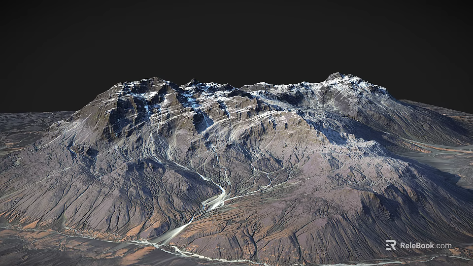 Snow-capped mountain range with winding river through valley and rocky terrain 3d model