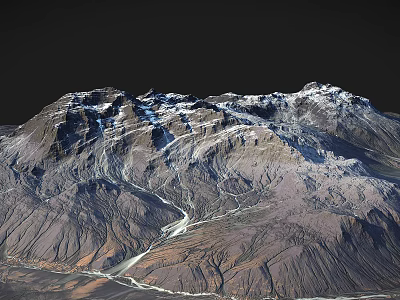 Snow-capped mountain range with winding river through valley and rocky terrain 3d model