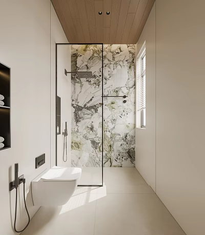Modern Bathroom Interior Design With Glass Shower Marble Wall Toilet And Window 3d model
