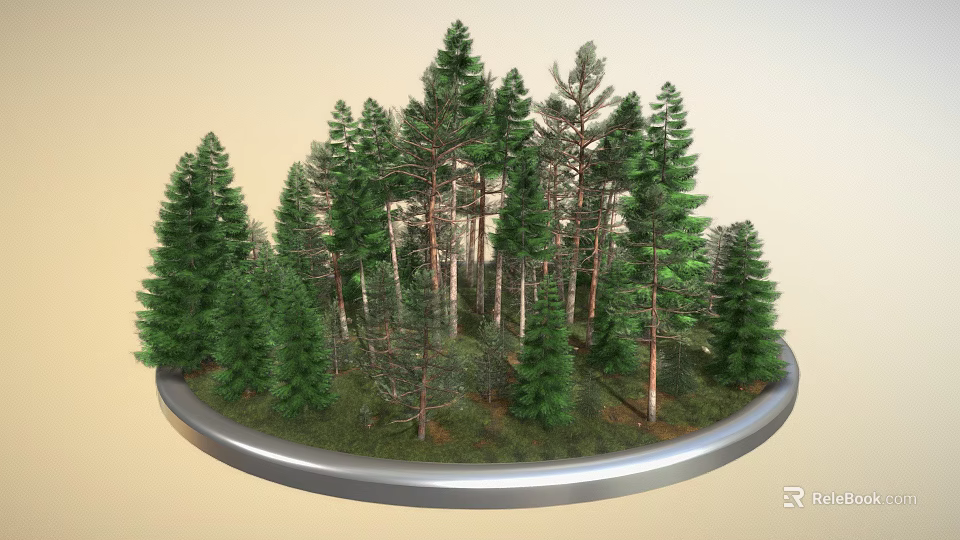 Diverse Trees With Green Foliage On Round Platform Various Trunk Sizes And Grass Base 3d model 