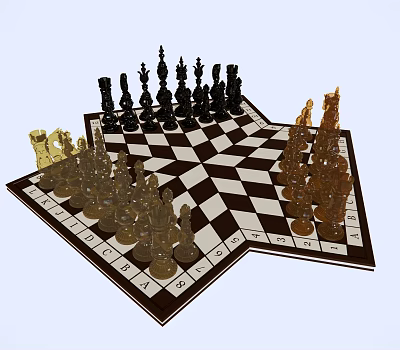 Chess Entertainment with Black Gold Pieces on Black White Checkerboard with Letter Number Markings 3d model